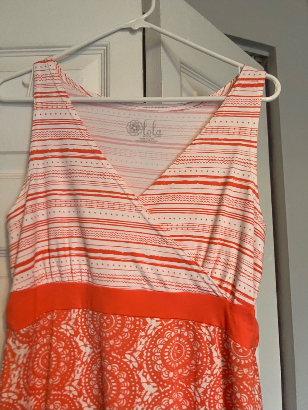 lola Coral & White Sleeveless Wrap-Front Midi Dress with Banded Waist